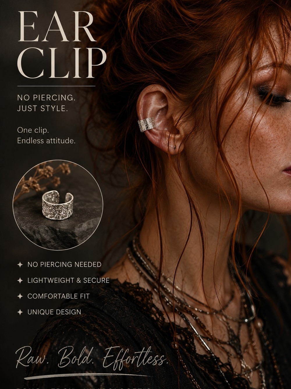Textured Silver Ear Cuff Clip — No Piercing